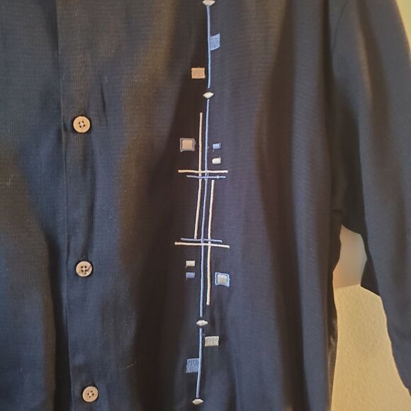 Monte Carlo Men's L Black Cuban Button Up Shirt Short Sleeve Embroidered - Picture 2 of 8
